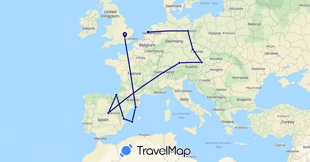 TravelMap itinerary: driving in Austria, Czech Republic, Germany, Spain, United Kingdom, Netherlands (Europe)